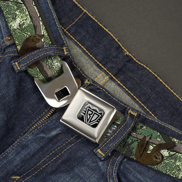 Buckle-Down BD Wings Logo CLOSE-UP Full Color Black Silver Seatbelt Belt - Sloth Tree Hanging Posterized Webbing