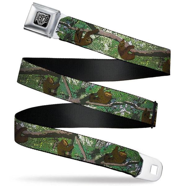 Buckle-Down BD Wings Logo CLOSE-UP Full Color Black Silver Seatbelt Belt - Sloth Tree Hanging Posterized Webbing