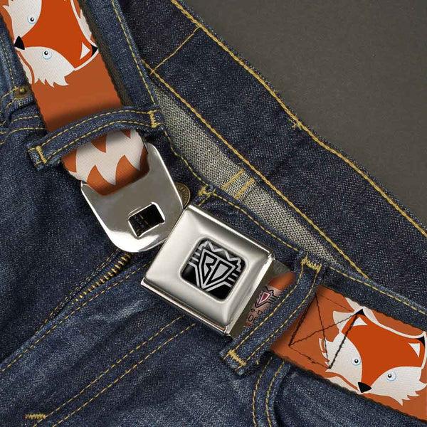 Buckle-Down BD Wings Logo CLOSE-UP Full Color Black Silver Seatbelt Belt - Fox Face/Tail Orange/Natural Webbing