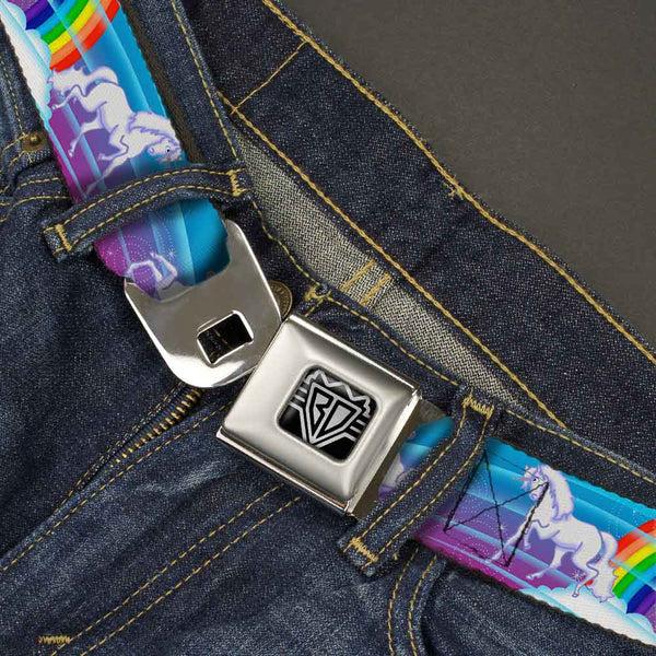 Buckle-Down BD Wings Logo CLOSE-UP Full Color Black Silver Seatbelt Belt - Unicorns/Rainbows/Stars Blue/Rainbow/White Webbing