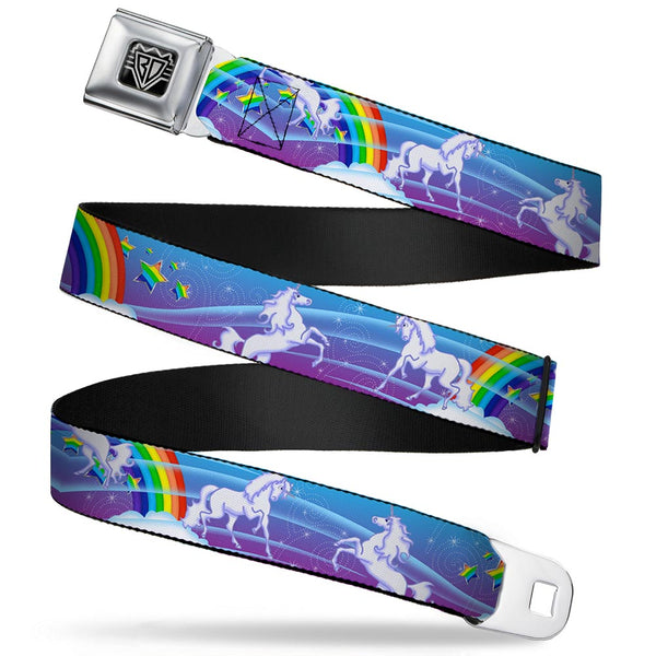 Buckle-Down BD Wings Logo CLOSE-UP Full Color Black Silver Seatbelt Belt - Unicorns/Rainbows/Stars Blue/Rainbow/White Webbing