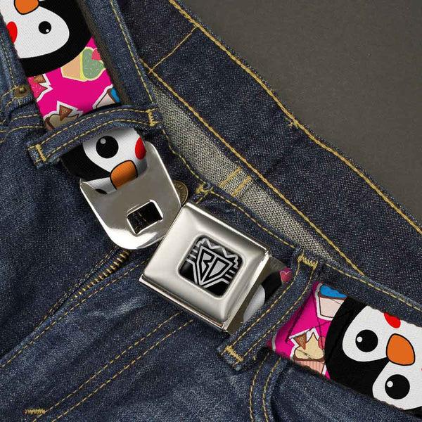 Buckle-Down BD Wings Logo CLOSE-UP Full Color Black Silver Seatbelt Belt - Penguins W/Cupcakes Fuchsia/Multi Color Webbing