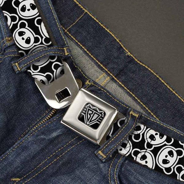 Buckle-Down BD Wings Logo CLOSE-UP Full Color Black Silver Seatbelt Belt - Scattered Panda Bear Cartoon2 Black/White Webbing