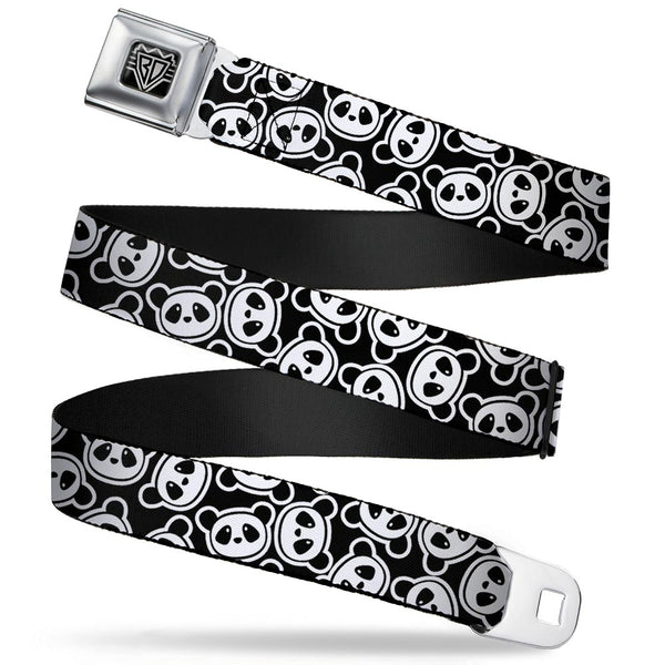 Buckle-Down BD Wings Logo CLOSE-UP Full Color Black Silver Seatbelt Belt - Scattered Panda Bear Cartoon2 Black/White Webbing