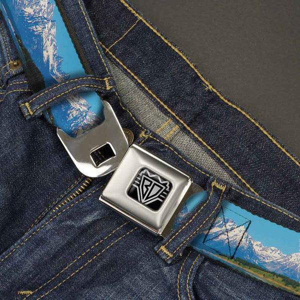 Buckle-Down BD Wings Logo CLOSE-UP Full Color Black Silver Seatbelt Belt - Landscape Snowy Mountains Webbing