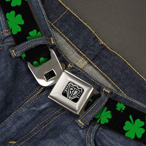 Buckle-Down BD Wings Logo CLOSE-UP Full Color Black Silver Seatbelt Belt - St. Pat's Clovers Scattered2 Black/Green Webbing