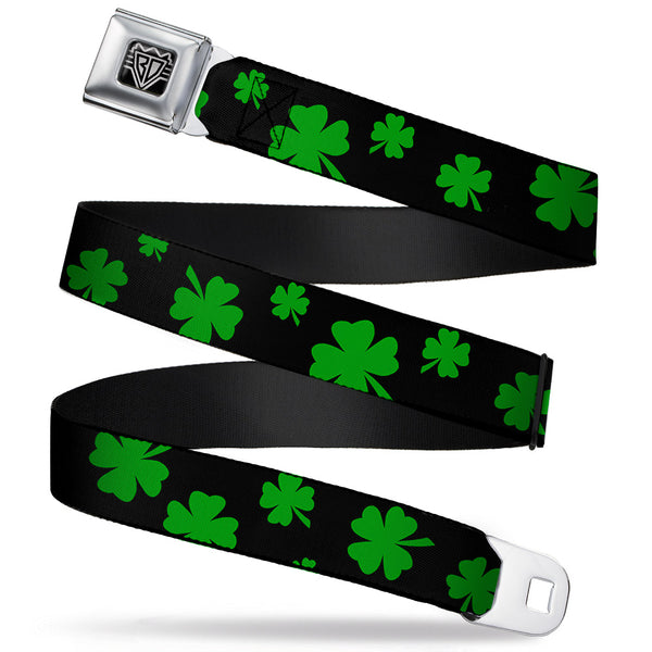 Buckle-Down BD Wings Logo CLOSE-UP Full Color Black Silver Seatbelt Belt - St. Pat's Clovers Scattered2 Black/Green Webbing