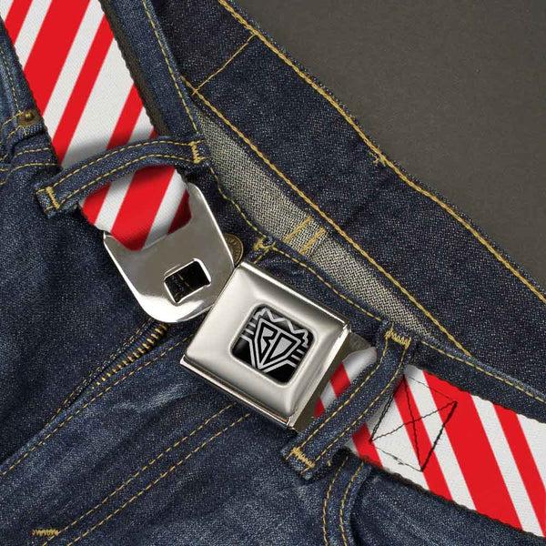 Buckle-Down BD Wings Logo CLOSE-UP Full Color Black Silver Seatbelt Belt - Candy Cane3 Stripe White/3-Red Webbing