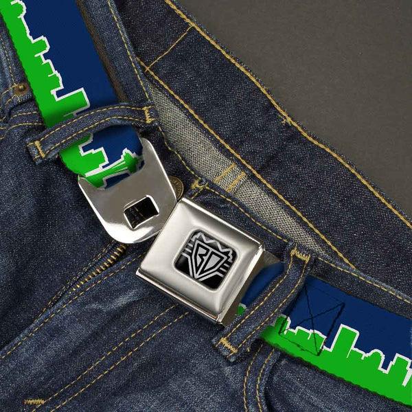 Buckle-Down BD Wings Logo CLOSE-UP Full Color Black Silver Seatbelt Belt - Seattle Skyline Navy/Bright Green Webbing