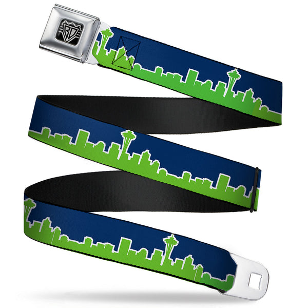 Buckle-Down BD Wings Logo CLOSE-UP Full Color Black Silver Seatbelt Belt - Seattle Skyline Navy/Bright Green Webbing