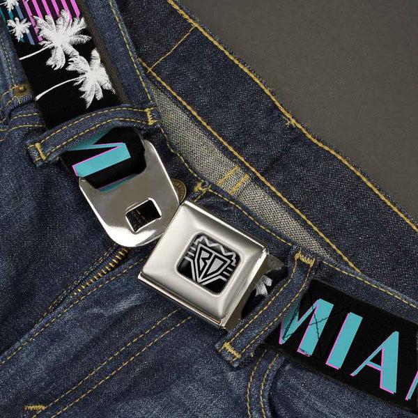 Buckle-Down BD Wings Logo CLOSE-UP Full Color Black Silver Seatbelt Belt - MIAMI/Palm Trees Black/White/Pink//Teal Webbing