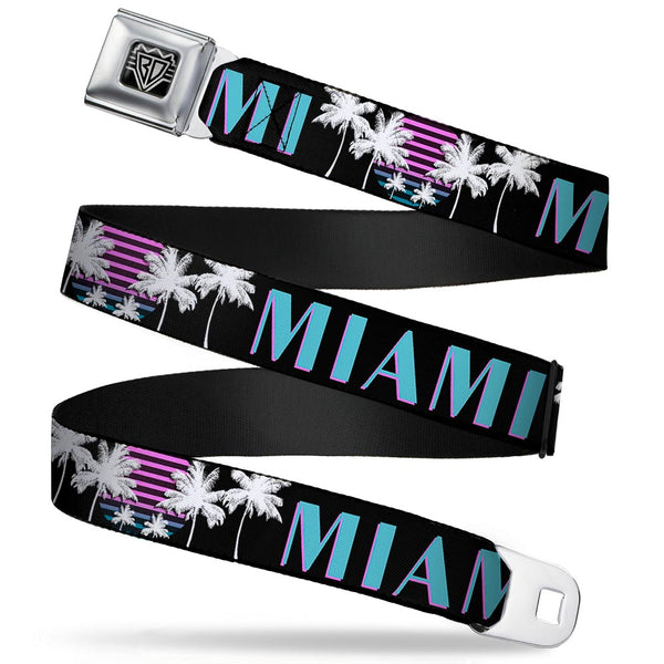Buckle-Down BD Wings Logo CLOSE-UP Full Color Black Silver Seatbelt Belt - MIAMI/Palm Trees Black/White/Pink//Teal Webbing