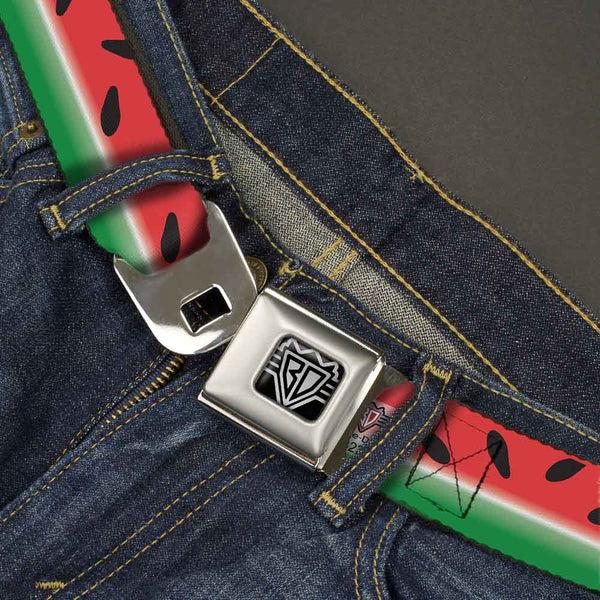 Buckle-Down BD Wings Logo CLOSE-UP Full Color Black Silver Seatbelt Belt - Watermelon Stripe Red/Green/Black Webbing
