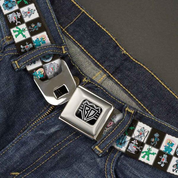 Buckle-Down BD Wings Logo CLOSE-UP Full Color Black Silver Seatbelt Belt - Robot Checkers Black/White Webbing