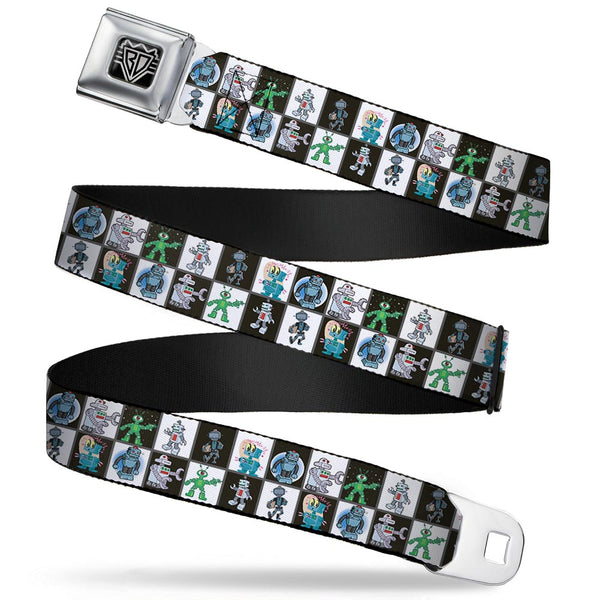 Buckle-Down BD Wings Logo CLOSE-UP Full Color Black Silver Seatbelt Belt - Robot Checkers Black/White Webbing