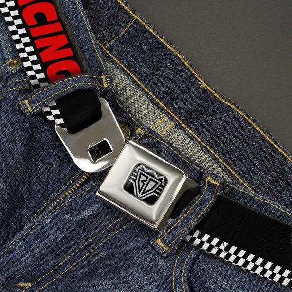 Buckle-Down BD Wings Logo CLOSE-UP Full Color Black Silver Seatbelt Belt - RACING W/Checker Black/White/Red Webbing