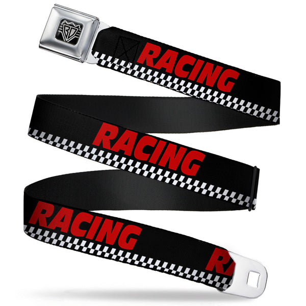 Buckle-Down BD Wings Logo CLOSE-UP Full Color Black Silver Seatbelt Belt - RACING W/Checker Black/White/Red Webbing
