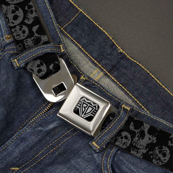 Buckle-Down BD Wings Logo CLOSE-UP Full Color Black Silver Seatbelt Belt - Skulls Stacked Weathered Black/Gray Webbing