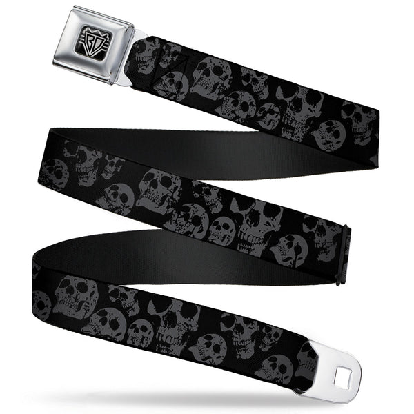 Buckle-Down BD Wings Logo CLOSE-UP Full Color Black Silver Seatbelt Belt - Skulls Stacked Weathered Black/Gray Webbing