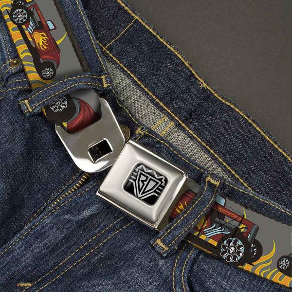 Buckle-Down BD Wings Logo CLOSE-UP Full Color Black Silver Seatbelt Belt - Hot Rod W/Flames Webbing