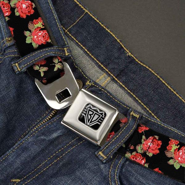Buckle-Down BD Wings Logo CLOSE-UP Full Color Black Silver Seatbelt Belt - Red Roses Scattered Black Webbing
