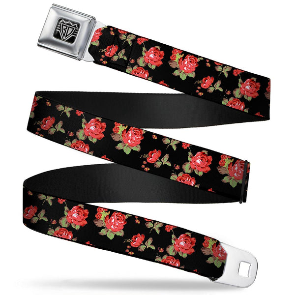 Buckle-Down BD Wings Logo CLOSE-UP Full Color Black Silver Seatbelt Belt - Red Roses Scattered Black Webbing