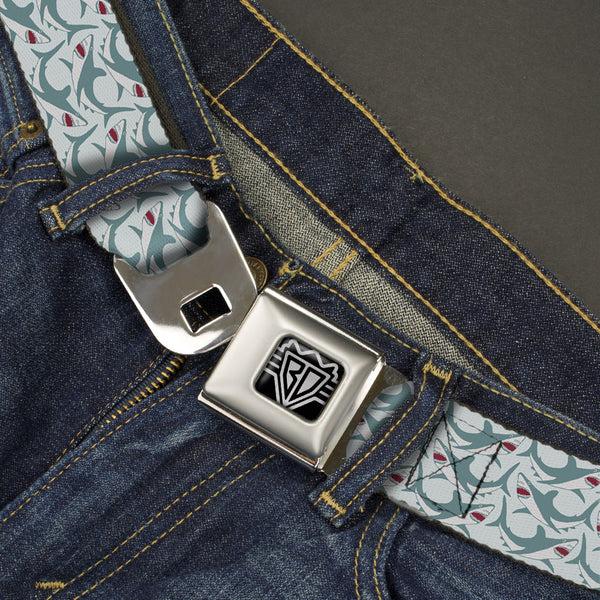 Buckle-Down BD Wings Logo CLOSE-UP Full Color Black Silver Seatbelt Belt - Shark 3-Rows Light Blue Webbing