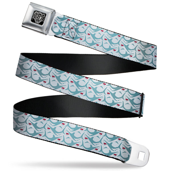 Buckle-Down BD Wings Logo CLOSE-UP Full Color Black Silver Seatbelt Belt - Shark 3-Rows Light Blue Webbing