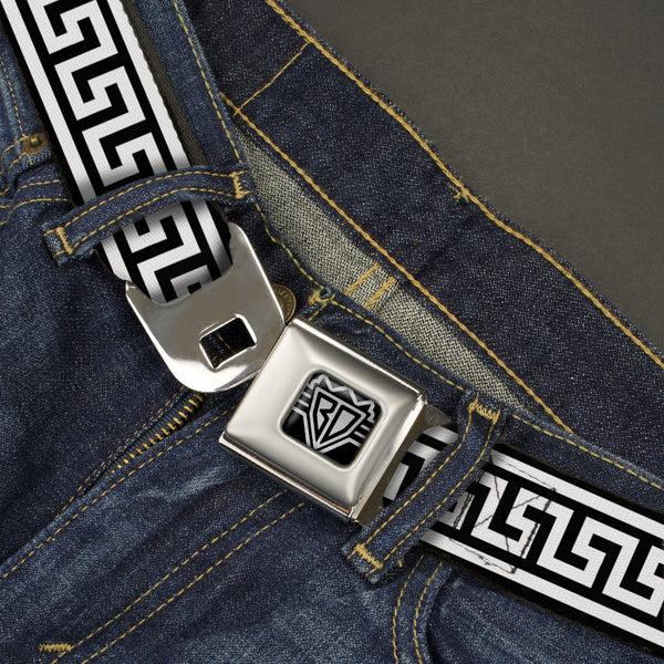 Buckle-Down BD Wings Logo CLOSE-UP Full Color Black Silver Seatbelt Belt - Greek Key Border Black/White Webbing