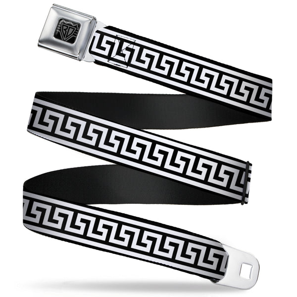 Buckle-Down BD Wings Logo CLOSE-UP Full Color Black Silver Seatbelt Belt - Greek Key Border Black/White Webbing