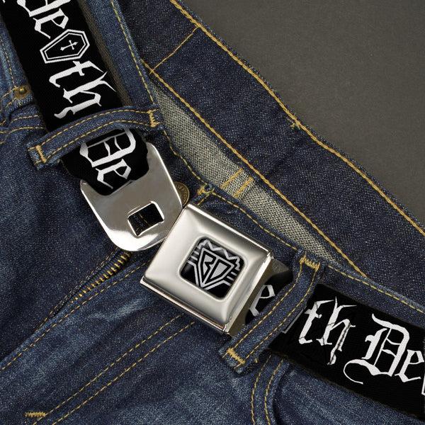 Buckle-Down BD Wings Logo CLOSE-UP Full Color Black Silver Seatbelt Belt - DEATH W/Coffin Old English Black/White Webbing