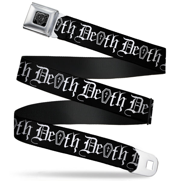 Buckle-Down BD Wings Logo CLOSE-UP Full Color Black Silver Seatbelt Belt - DEATH w/Coffin Old English Black/White Webbing