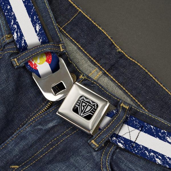 Buckle-Down BD Wings Logo CLOSE-UP Full Color Black Silver Seatbelt Belt - Colorado Flags4 Weathered Webbing