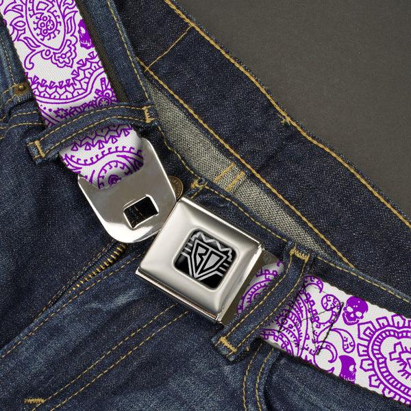Buckle-Down BD Wings Logo CLOSE-UP Full Color Black Silver Seatbelt Belt - Bandana/Skulls White/Purple Webbing