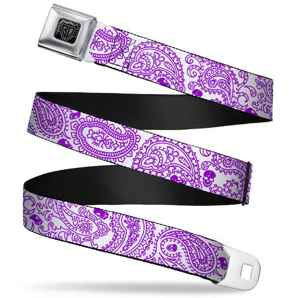 Buckle-Down BD Wings Logo CLOSE-UP Full Color Black Silver Seatbelt Belt - Bandana/Skulls White/Purple Webbing