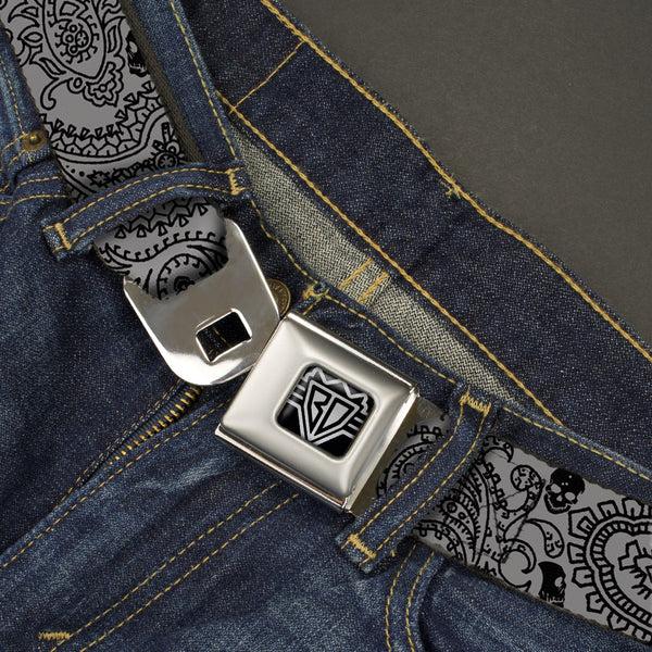 Buckle-Down BD Wings Logo CLOSE-UP Full Color Black Silver Seatbelt Belt - Bandana/Skulls Silver/Black Webbing