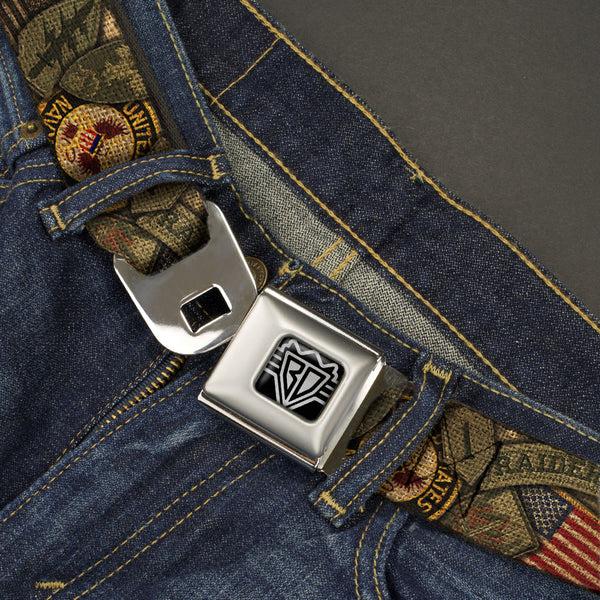 Buckle-Down BD Wings Logo CLOSE-UP Full Color Black Silver Seatbelt Belt - Armed Forces Military Badges Stacked Webbing