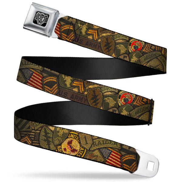 Buckle-Down BD Wings Logo CLOSE-UP Full Color Black Silver Seatbelt Belt - Armed Forces Military Badges Stacked Webbing