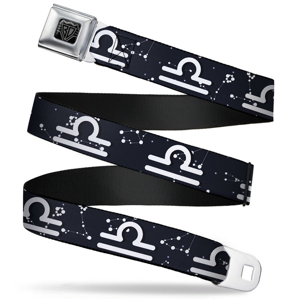 Buckle-Down BD Wings Logo CLOSE-UP Full Color Black Silver Seatbelt Belt - Zodiac Libra Symbol/Constellations Black/White Webbing