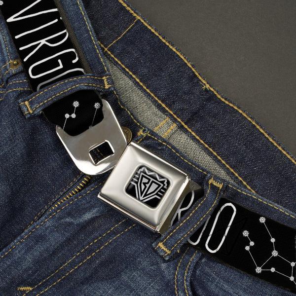 Buckle-Down BD Wings Logo CLOSE-UP Full Color Black Silver Seatbelt Belt - Zodiac VIRGO/Constellation Black/White Webbing