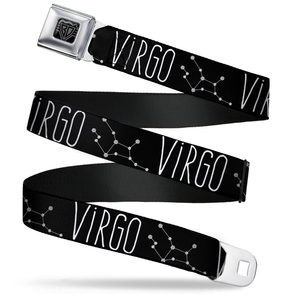 Buckle-Down BD Wings Logo CLOSE-UP Full Color Black Silver Seatbelt Belt - Zodiac VIRGO/Constellation Black/White Webbing
