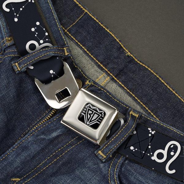 Buckle-Down BD Wings Logo CLOSE-UP Full Color Black Silver Seatbelt Belt - Zodiac Leo Symbol/Constellations Black/White Webbing
