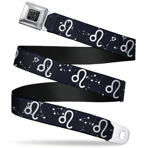 Buckle-Down BD Wings Logo CLOSE-UP Full Color Black Silver Seatbelt Belt - Zodiac Leo Symbol/Constellations Black/White Webbing
