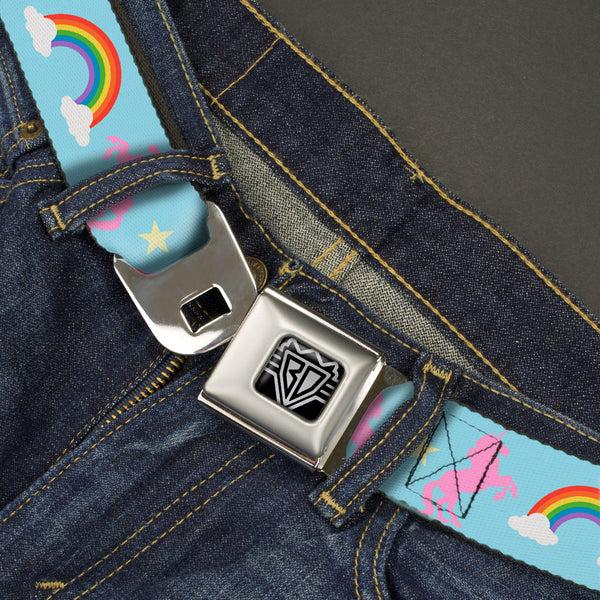 Buckle-Down BD Wings Logo CLOSE-UP Full Color Black Silver Seatbelt Belt - Unicorns/Rainbow/Star Baby Blue/Pink/Yellow Webbing