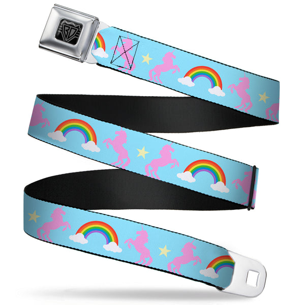 Buckle-Down BD Wings Logo CLOSE-UP Full Color Black Silver Seatbelt Belt - Unicorns/Rainbow/Star Baby Blue/Pink/Yellow Webbing