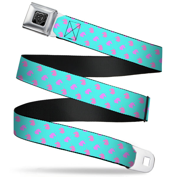 Buckle-Down BD Wings Logo CLOSE-UP Full Color Black Silver Seatbelt Belt - Unicorn Icons Alternating Light Aqua/Pink/Lavender Webbing
