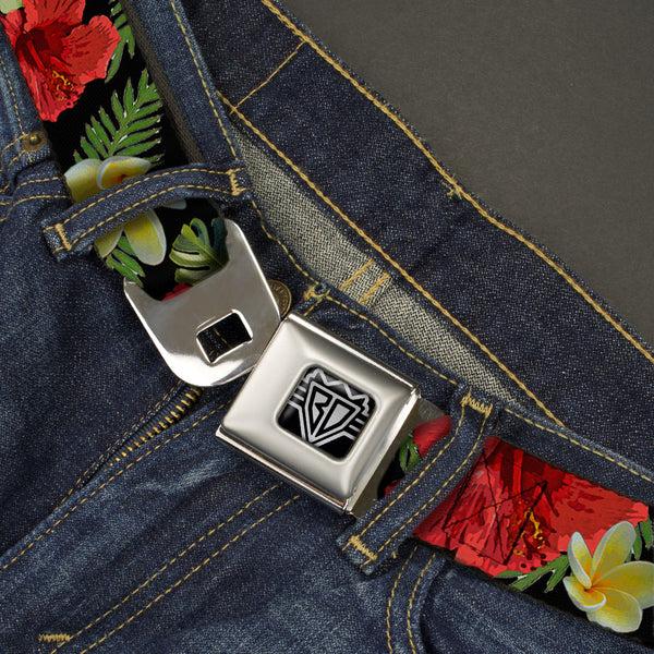 Buckle-Down BD Wings Logo CLOSE-UP Full Color Black Silver Seatbelt Belt - Tropical Floral Collage Black/Red/Orange Webbing