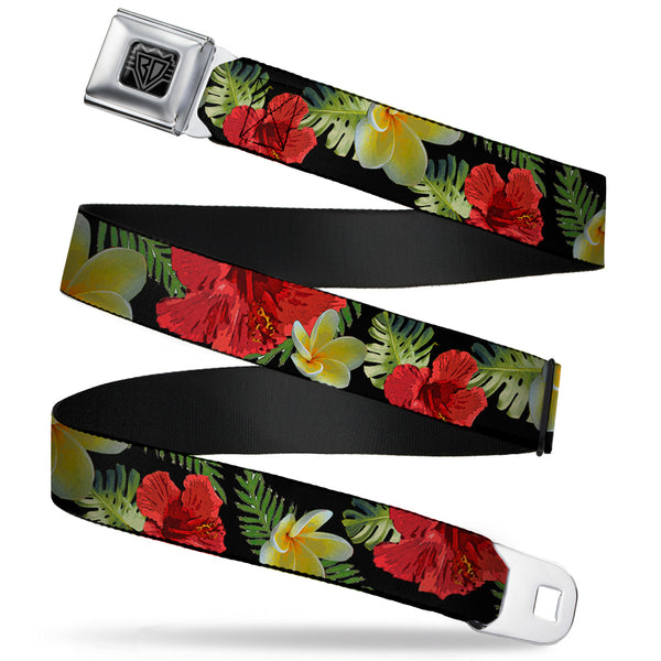 Buckle-Down BD Wings Logo CLOSE-UP Full Color Black Silver Seatbelt Belt - Tropical Floral Collage Black/Red/Orange Webbing