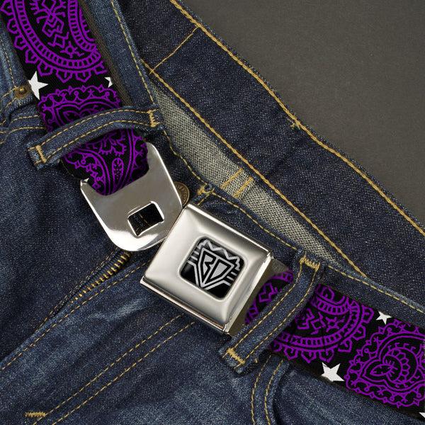 Buckle-Down BD Wings Logo CLOSE-UP Full Color Black Silver Seatbelt Belt - Paisley Stars Black/Purple/White Webbing