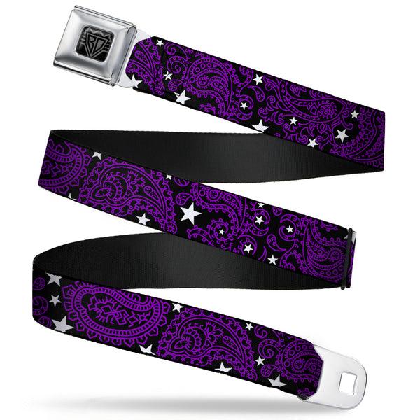 Buckle-Down BD Wings Logo CLOSE-UP Full Color Black Silver Seatbelt Belt - Paisley Stars Black/Purple/White Webbing